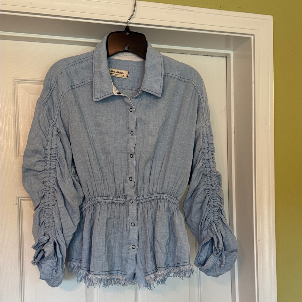 We The Free - Pacific Dawn Chambray Blue Top Ruched Sleeves - size S
